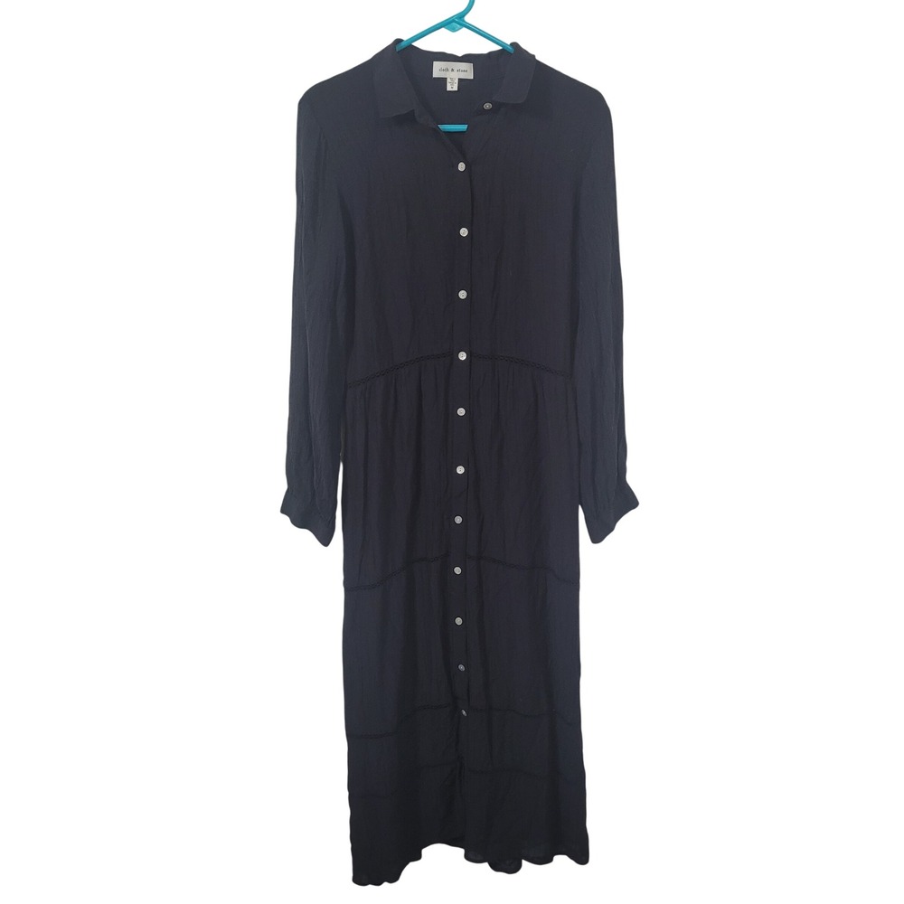 Cloth & Stone M Maxi Shirt Dress Womens Black FrontButton Tiered Lace Trim